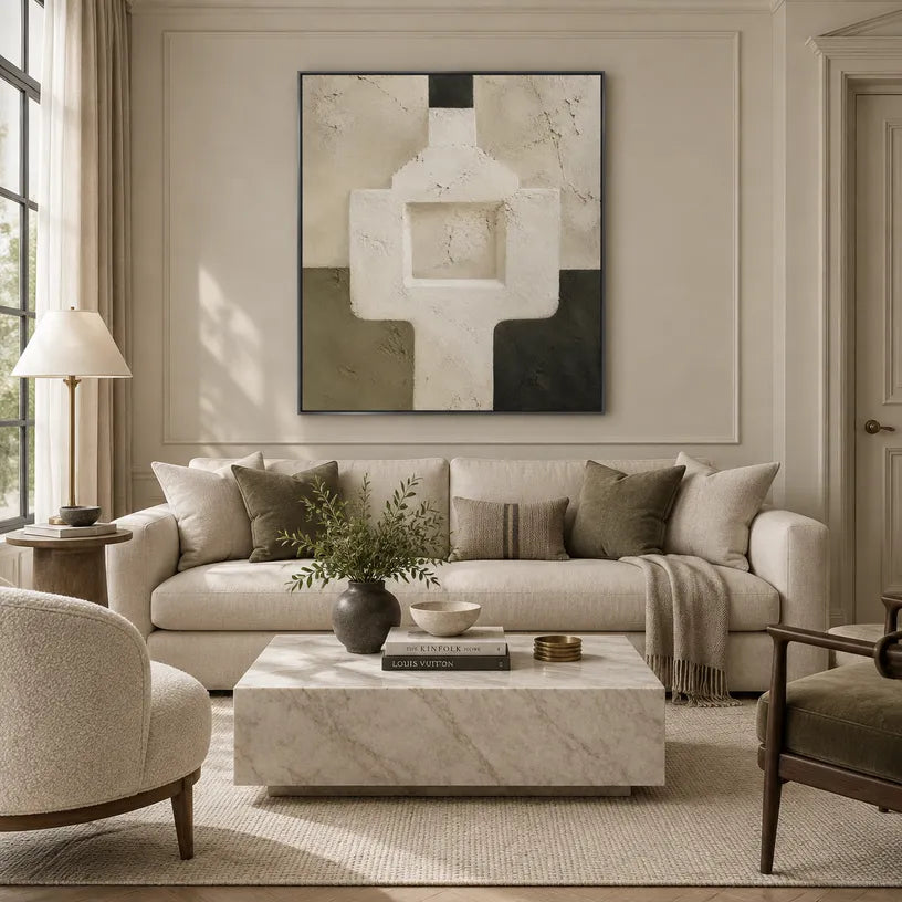 Wabi-Sabi abstract oil painting showing layered abstract marks, texture and expressive painterly movement in a beige palette.