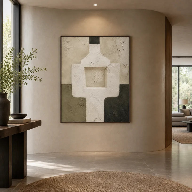 Wabi-Sabi abstract oil painting showing layered abstract marks, texture and expressive painterly movement in a beige palette.