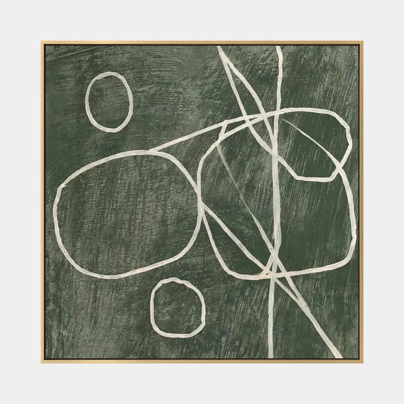 Wabi-Sabi abstract oil painting showing layered abstract marks, texture and expressive painterly movement in a green palette.