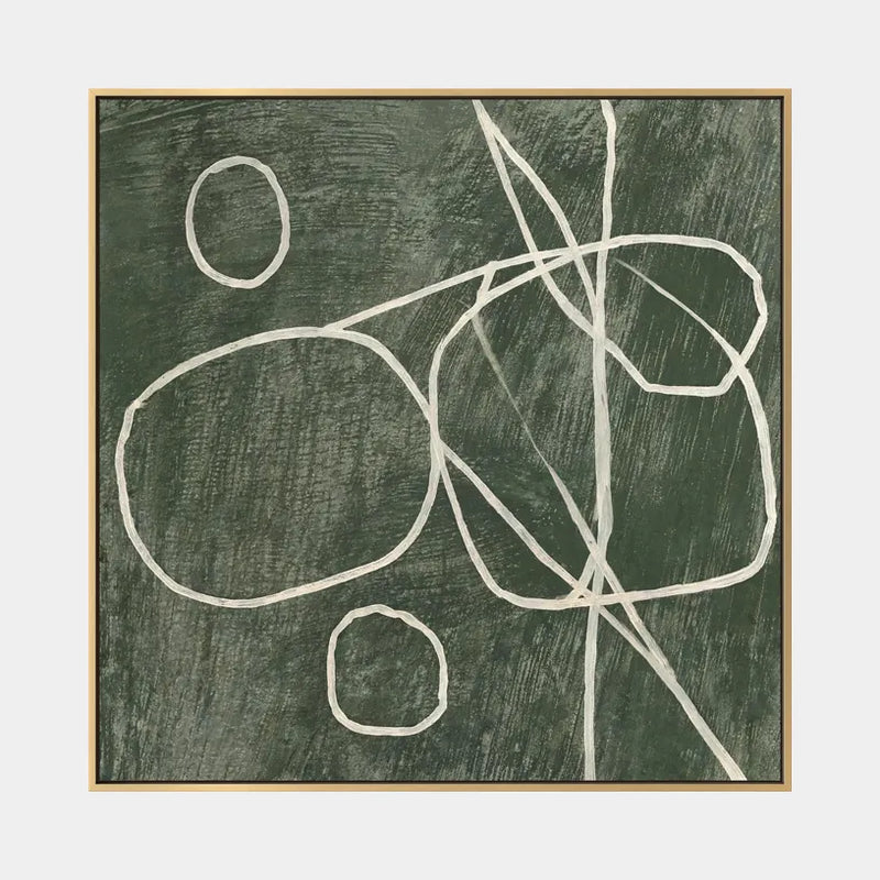 Abstraktes und konzeptuelles Ölgemälde von Wabi-Sabi mit geschichteten abstrakten Zeichen, Textur und ausdrucksstarker malerischer Bewegung in einer grünen Palette.