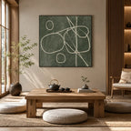 Wabi-Sabi abstract oil painting showing layered abstract marks, texture and expressive painterly movement in a green palette.