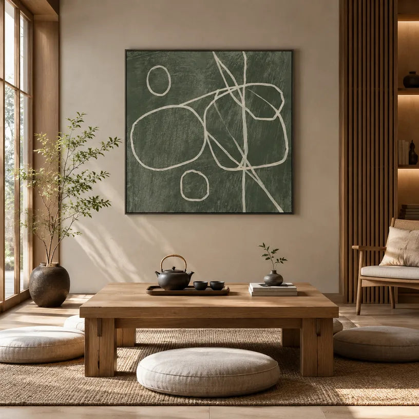 Wabi-Sabi abstract oil painting showing layered abstract marks, texture and expressive painterly movement in a green palette.