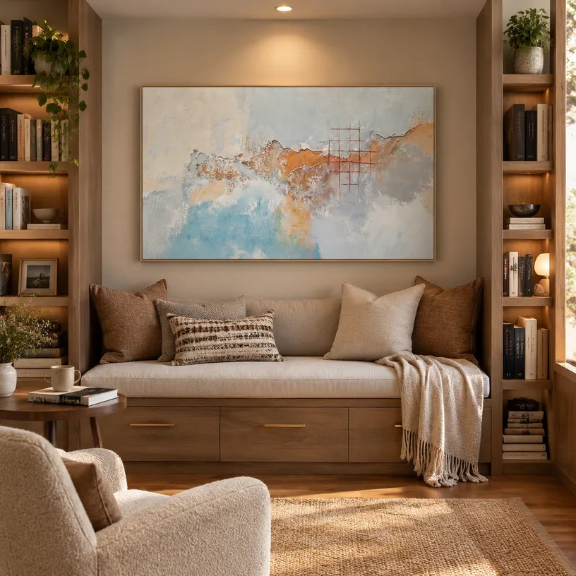 Wabi-Sabi abstract oil painting showing layered abstract marks, texture and expressive painterly movement.