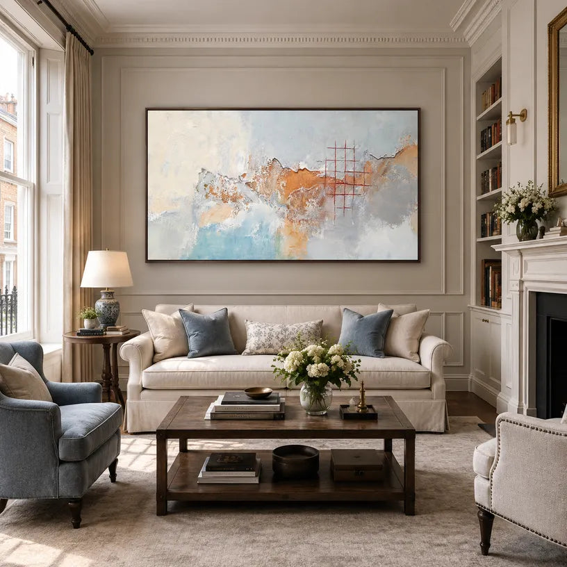 Wabi-Sabi abstract oil painting showing layered abstract marks, texture and expressive painterly movement.