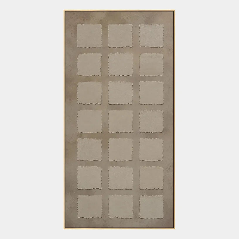 Wabi-Sabi abstract oil painting showing layered abstract marks, texture and expressive painterly movement in a brown palette.