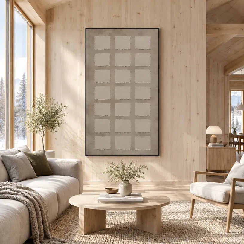 Wabi-Sabi abstract oil painting showing layered abstract marks, texture and expressive painterly movement in a brown palette.