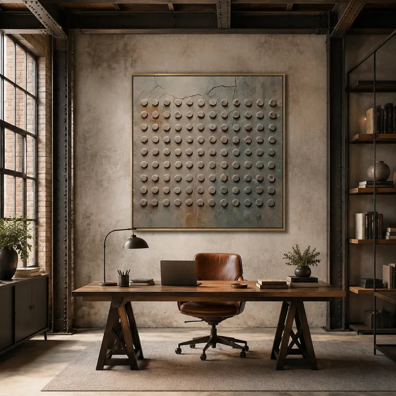 Wabi-Sabi abstract oil painting showing layered abstract marks, texture and expressive painterly movement in a brown palette.