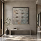 Wabi-Sabi abstract oil painting showing layered abstract marks, texture and expressive painterly movement in a brown palette.
