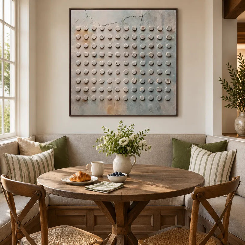 Wabi-Sabi abstract oil painting showing layered abstract marks, texture and expressive painterly movement in a brown palette.