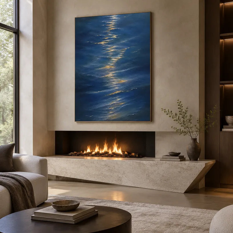 Wabi-Sabi abstract oil painting showing layered abstract marks, texture and expressive painterly movement in a blue palette.