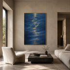 Wabi-Sabi abstract oil painting showing layered abstract marks, texture and expressive painterly movement in a blue palette.