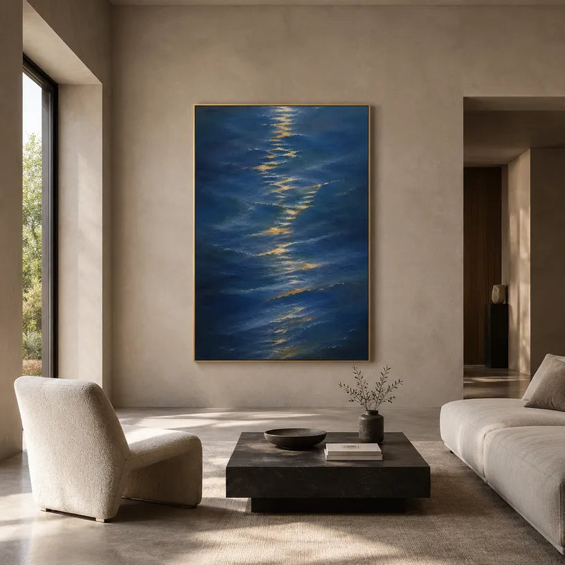 Wabi-Sabi abstract oil painting showing layered abstract marks, texture and expressive painterly movement in a blue palette.