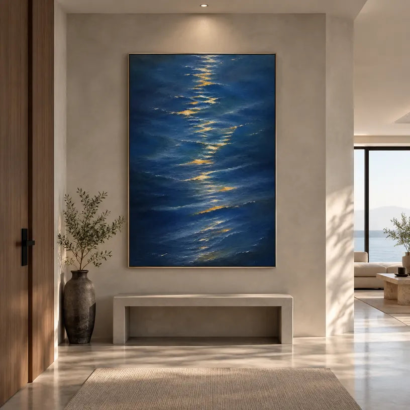 Wabi-Sabi abstract oil painting showing layered abstract marks, texture and expressive painterly movement in a blue palette.