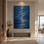 Wabi-Sabi abstract oil painting showing layered abstract marks, texture and expressive painterly movement in a blue palette.