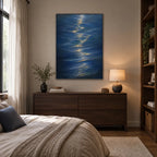 Wabi-Sabi abstract oil painting showing layered abstract marks, texture and expressive painterly movement in a blue palette.