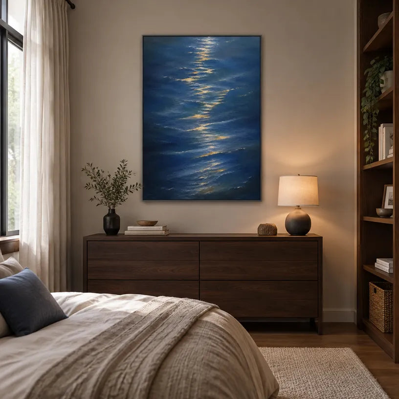 Wabi-Sabi abstract oil painting showing layered abstract marks, texture and expressive painterly movement in a blue palette.