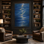 Wabi-Sabi abstract oil painting showing layered abstract marks, texture and expressive painterly movement in a blue palette.