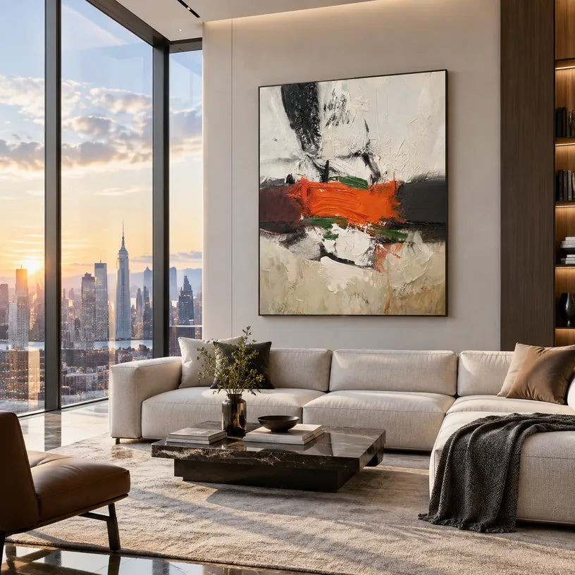 Wabi-Sabi abstract oil painting showing layered abstract marks, texture and expressive painterly movement.