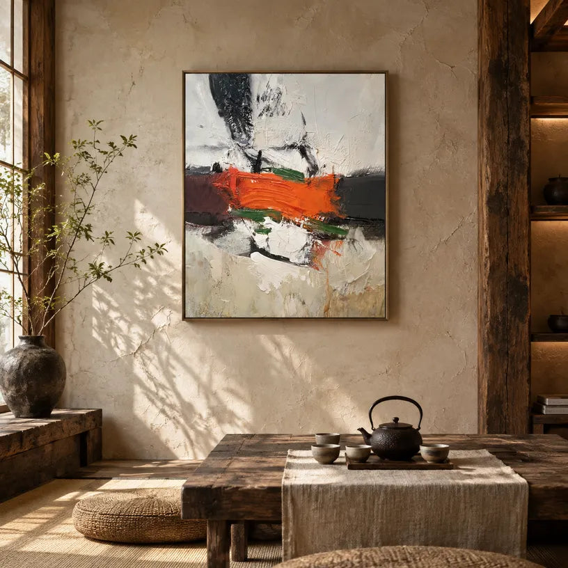 Wabi-Sabi abstract oil painting showing layered abstract marks, texture and expressive painterly movement.