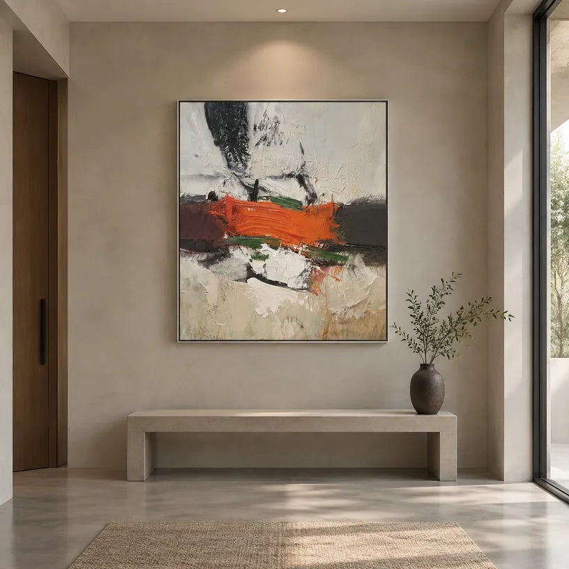 Wabi-Sabi abstract oil painting showing layered abstract marks, texture and expressive painterly movement.