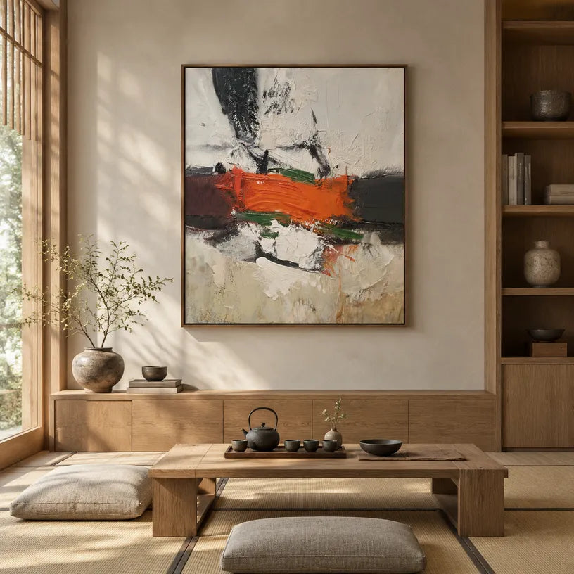 Wabi-Sabi abstract oil painting showing layered abstract marks, texture and expressive painterly movement.