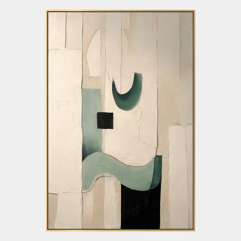 Wabi-Sabi abstract oil painting showing layered abstract marks, texture and expressive painterly movement in a beige palette.