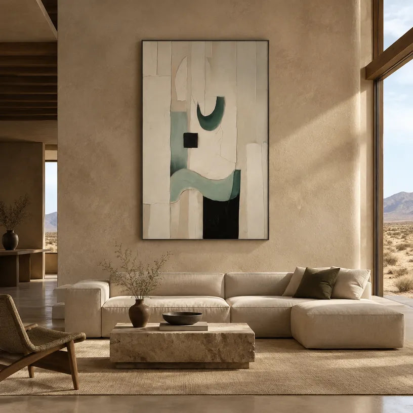 Wabi-Sabi abstract oil painting showing layered abstract marks, texture and expressive painterly movement in a beige palette.