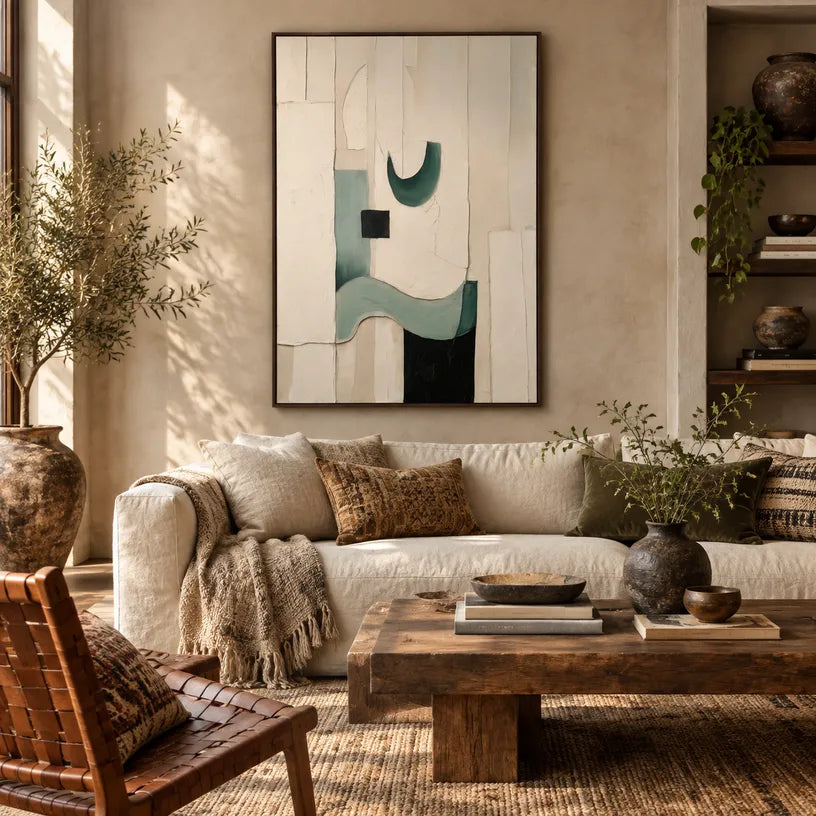 Wabi-Sabi abstract oil painting showing layered abstract marks, texture and expressive painterly movement in a beige palette.