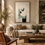 Wabi-Sabi abstract oil painting showing layered abstract marks, texture and expressive painterly movement in a beige palette.