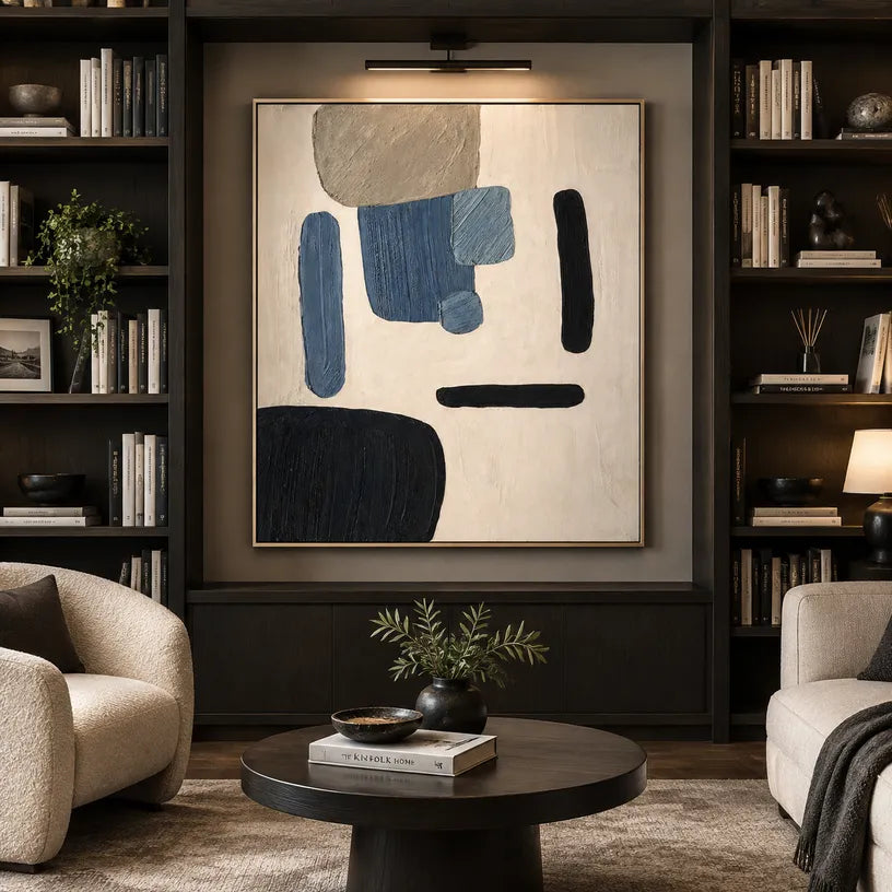 Wabi-Sabi abstract oil painting showing layered abstract marks, texture and expressive painterly movement in a beige palette.