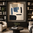 Wabi-Sabi abstract oil painting showing layered abstract marks, texture and expressive painterly movement in a beige palette.