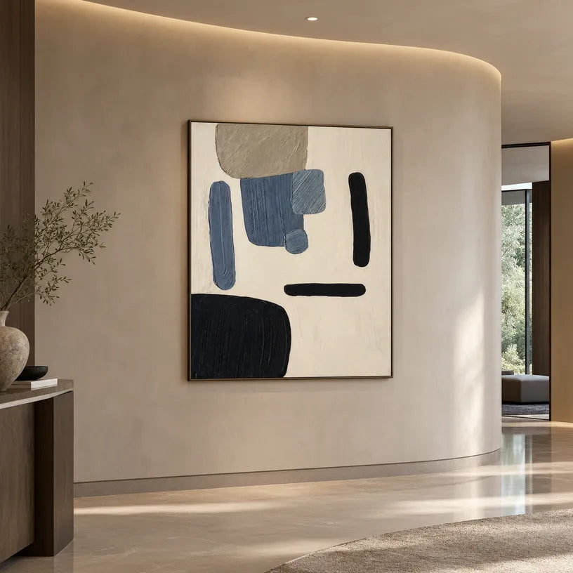 Wabi-Sabi abstract oil painting showing layered abstract marks, texture and expressive painterly movement in a beige palette.