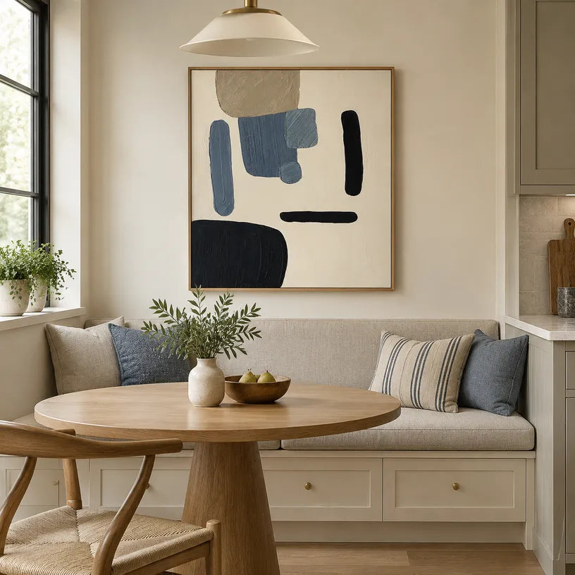 Wabi-Sabi abstract oil painting showing layered abstract marks, texture and expressive painterly movement in a beige palette.