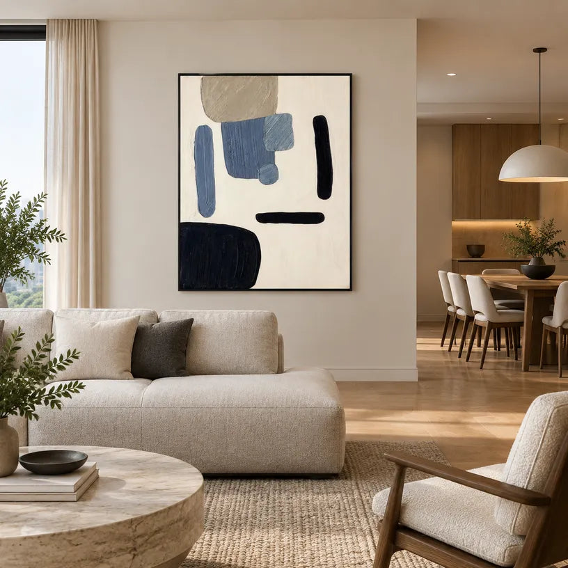 Wabi-Sabi abstract oil painting showing layered abstract marks, texture and expressive painterly movement in a beige palette.