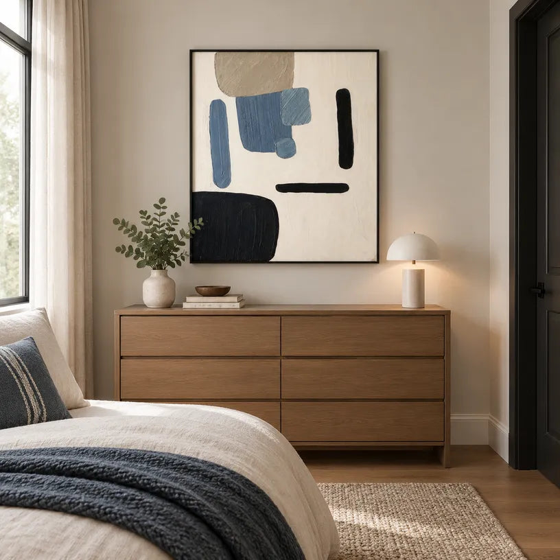 Wabi-Sabi abstract oil painting showing layered abstract marks, texture and expressive painterly movement in a beige palette.