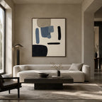 Wabi-Sabi abstract oil painting showing layered abstract marks, texture and expressive painterly movement in a beige palette.