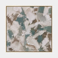 Abstraktes und konzeptuelles Ölgemälde von Wabi-Sabi mit geschichteten abstrakten Zeichen, Textur und ausdrucksstarker malerischer Bewegung in einer Beige-Palette.