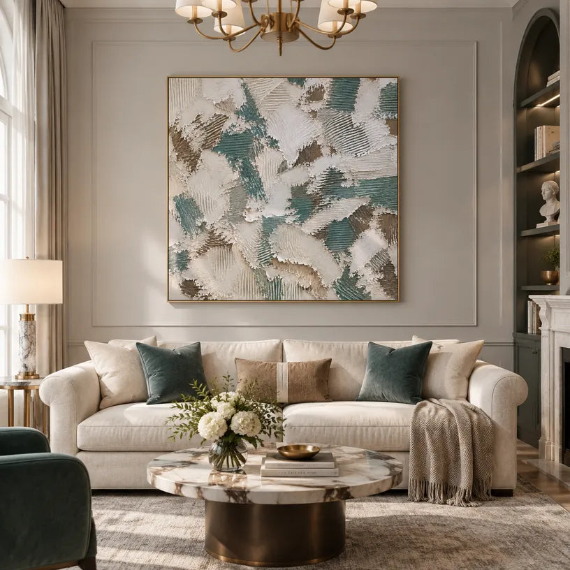 Wabi-Sabi abstract oil painting showing layered abstract marks, texture and expressive painterly movement in a grey palette.