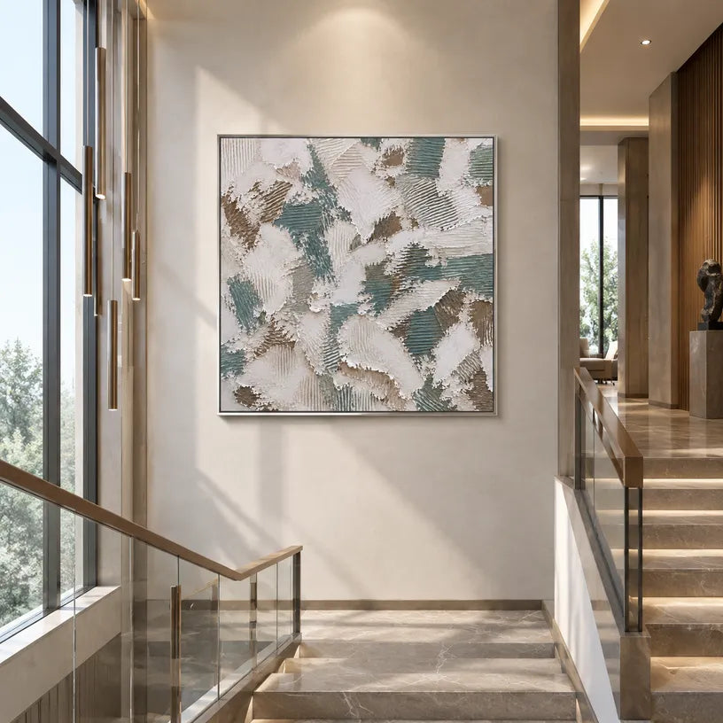Wabi-Sabi abstract oil painting showing layered abstract marks, texture and expressive painterly movement in a grey palette.