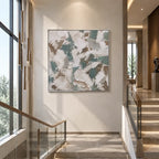 Wabi-Sabi abstract oil painting showing layered abstract marks, texture and expressive painterly movement in a grey palette.