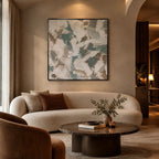 Wabi-Sabi abstract oil painting showing layered abstract marks, texture and expressive painterly movement in a grey palette.