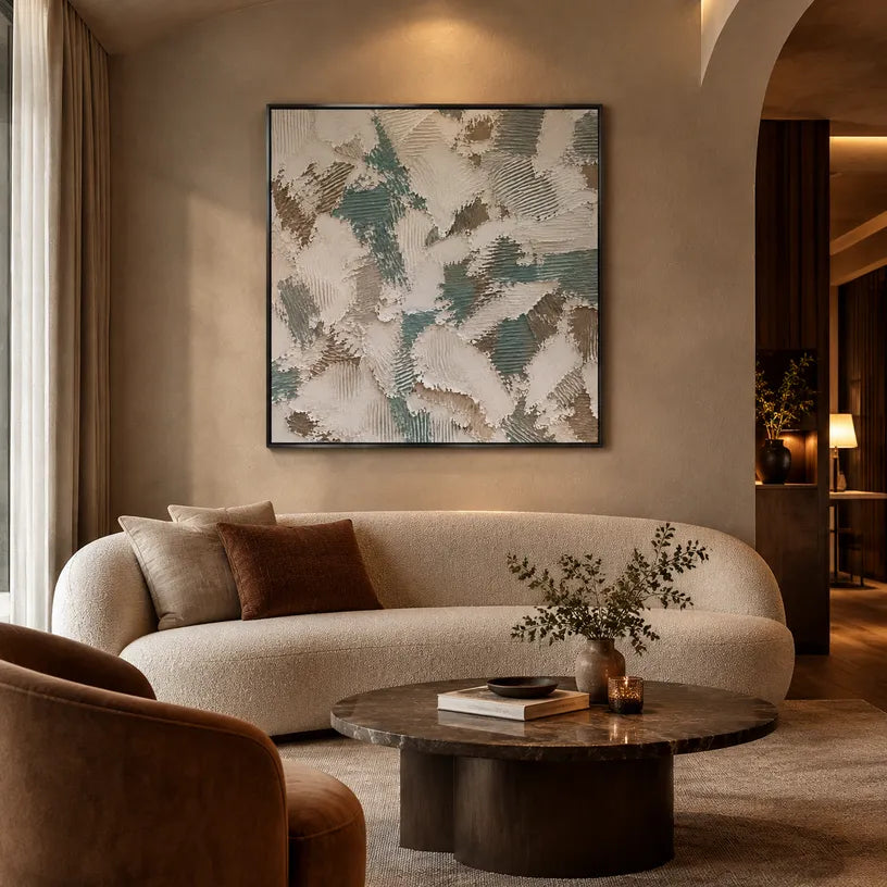 Wabi-Sabi abstract oil painting showing layered abstract marks, texture and expressive painterly movement in a grey palette.
