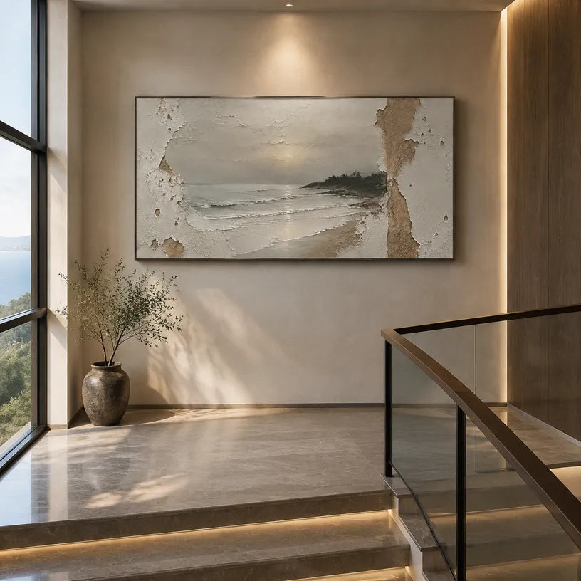 Wabi-Sabi abstract oil painting showing layered abstract marks, texture and expressive painterly movement in a grey palette.