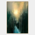 Pintura al óleo abstracta y conceptual Wabi-Sabi que presenta marcas abstractas en capas, textura y movimiento pictórico expresivo en una paleta verde.