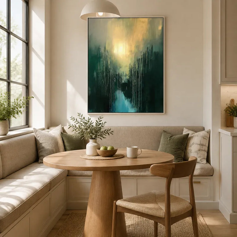 Pintura al óleo abstracta y conceptual Wabi-Sabi que presenta marcas abstractas en capas, textura y movimiento pictórico expresivo en una paleta verde.