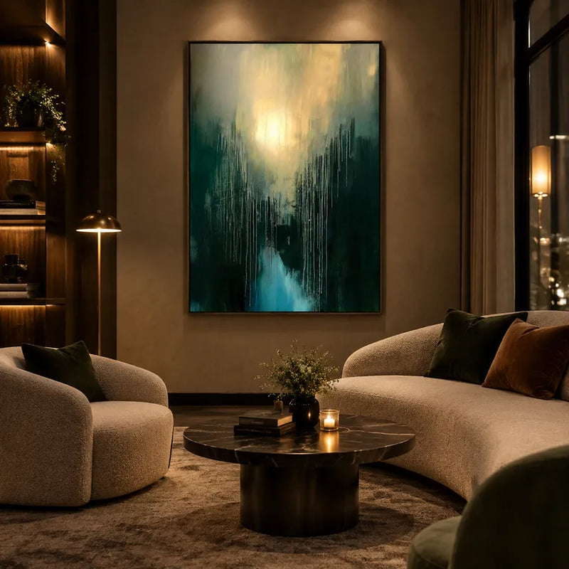 Pintura al óleo abstracta y conceptual Wabi-Sabi que presenta marcas abstractas en capas, textura y movimiento pictórico expresivo en una paleta verde.