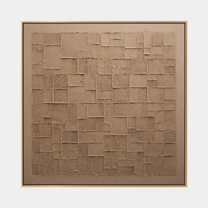 Wabi-Sabi abstract oil painting showing layered abstract marks, texture and expressive painterly movement in a brown palette.