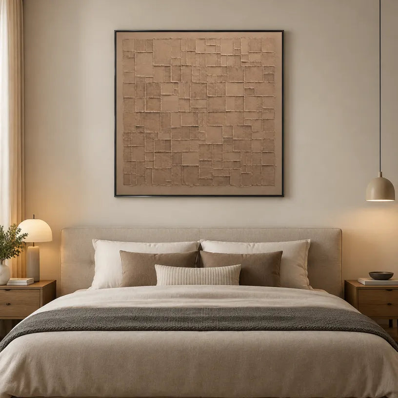 Wabi-Sabi abstract oil painting showing layered abstract marks, texture and expressive painterly movement in a brown palette.