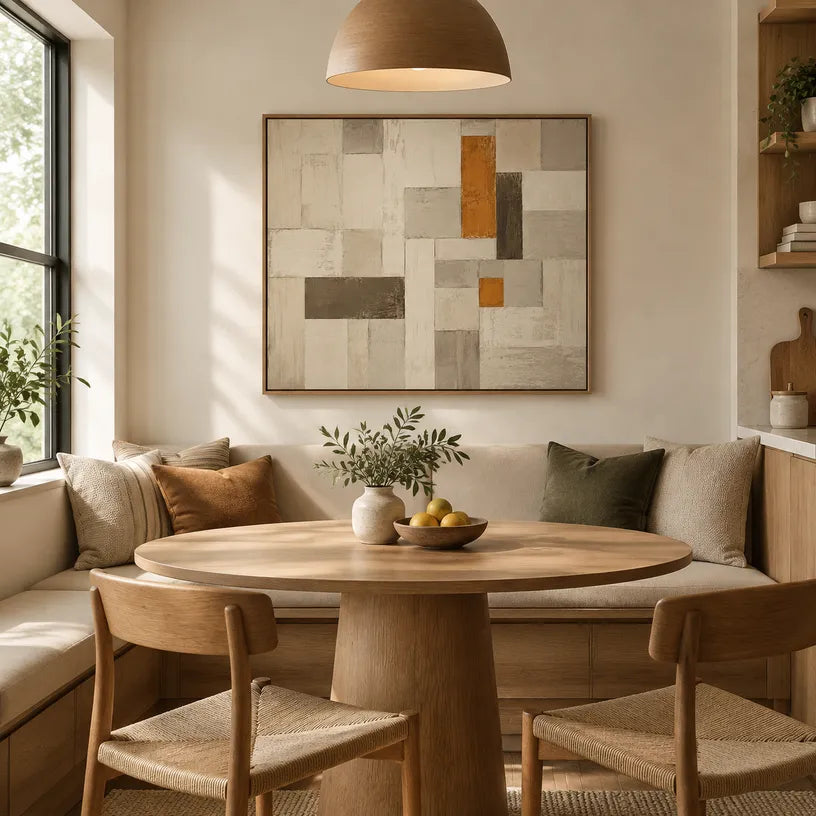 Wabi-Sabi abstract oil painting showing layered abstract marks, texture and expressive painterly movement in a beige palette.