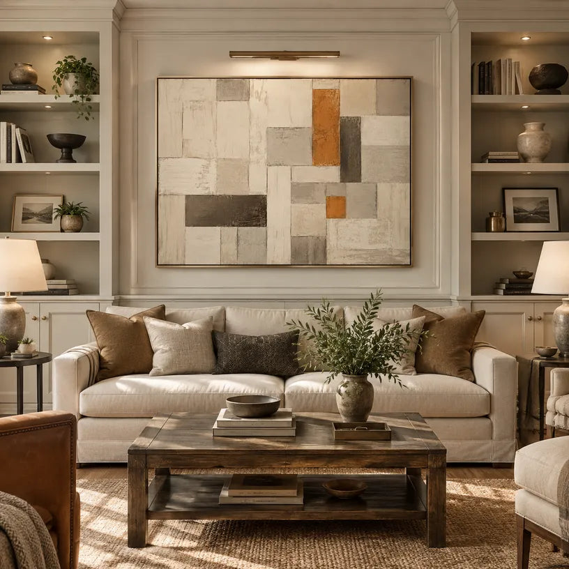 Wabi-Sabi abstract oil painting showing layered abstract marks, texture and expressive painterly movement in a beige palette.